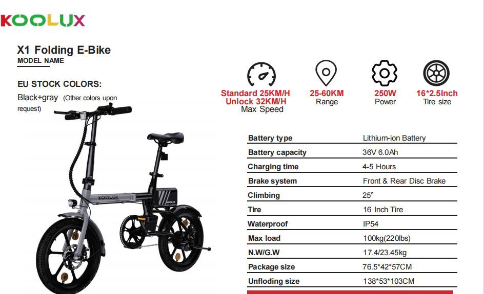 KOOLUX X1 Folding Electric Bike 250W – 16 Inch E-Bike with Removable Battery