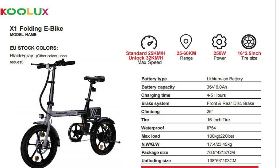 KOOLUX X1 Folding Electric Bike 250W – 16 Inch E-Bike with Removable Battery